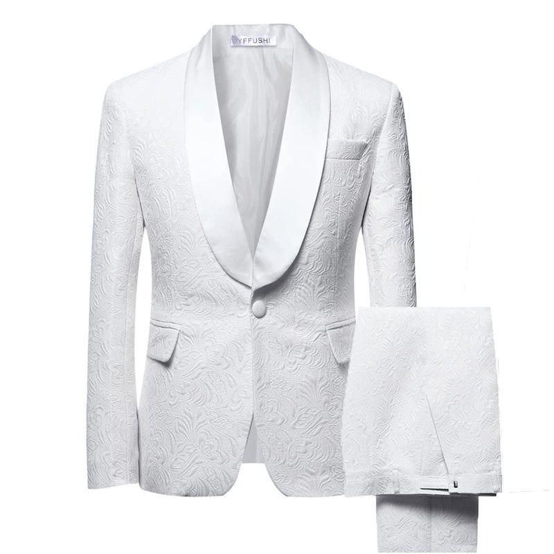 YFFUSHI Mens 1 Button 2 Piece White Tuxedo Shawl Collar Skinny Dress,Beige,Medium - Image 1